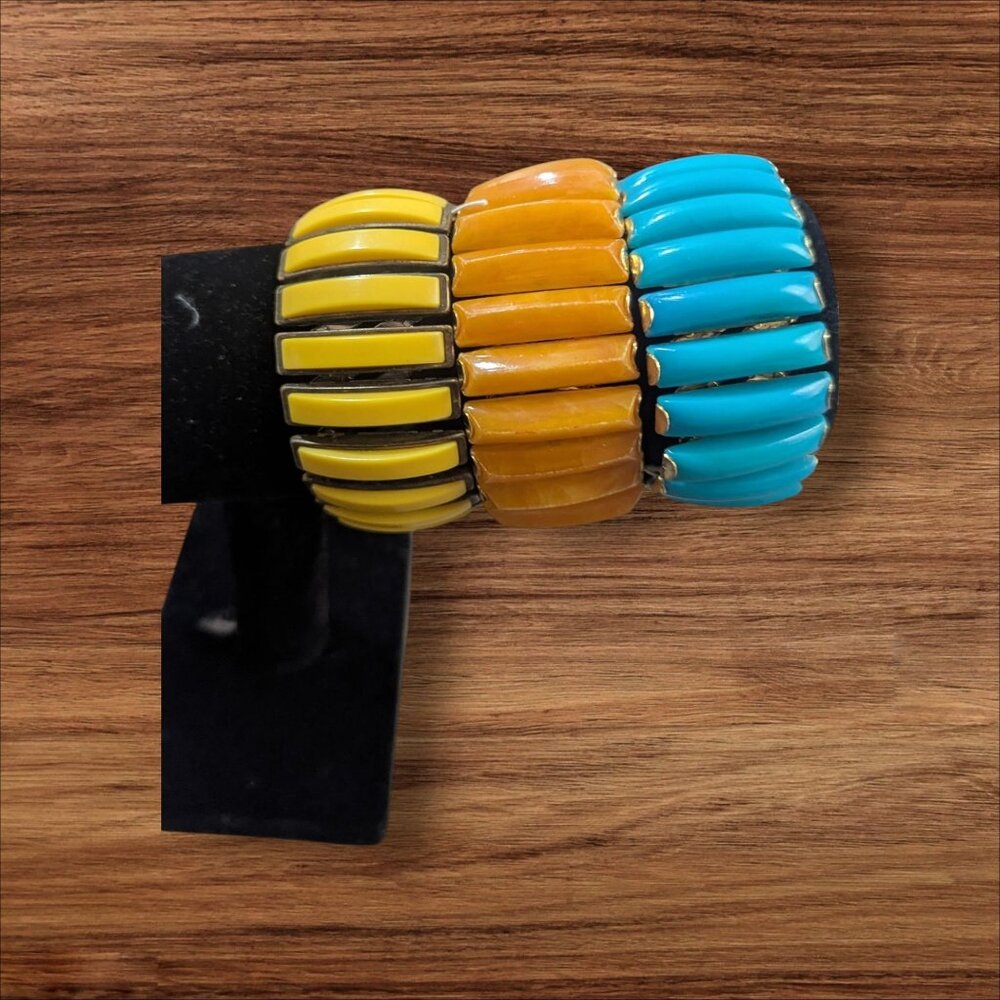 Vintage Elastic Stretch‎ Bracelets Set Of 3 Retro Colors Turquoise/Yellow/Orange